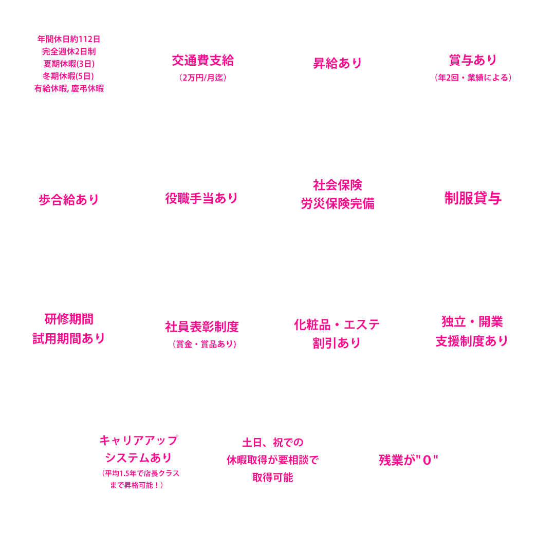 年間休日約112日完全週休2日制 夏期休暇(3日)冬期休暇(5日) 有給休暇, 慶弔休暇 交通費支給（2万円/月迄）昇給あり 賞与あり（年2回・業績による）歩合給あり 役職手当あり 社会保険労災保険完備 制服貸与 研修期間試用期間あり 社員表彰制度（賞金・賞品あり)化粧品・エステ・ネイル割引あり 独立・開業支援制度あり キャリアアップシステムあり（平均1.5年で店長クラスまで昇格可能！）土日、祝での休暇取得が要相談で取得可能 残業が０